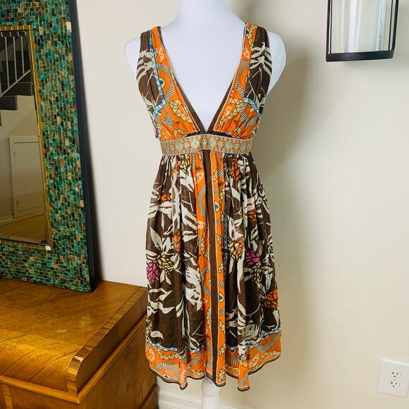 Vintage Nicole Miller Sz 4 Silk Plunge Sleeveless Dress Brown Orange Summer Fall - Picture 2 of 11